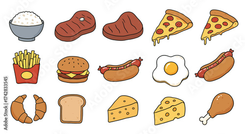 Cute hand-drawn cartoon food icons in doodle vector style featuring rice, steak, pizza, fries, burger, egg, and more, outlined in black on a white background.