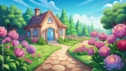 Beautiful French cottage surrounded by pink peonies and daffodils, fantasy garden path, bright sunlight reflections, detailed vector illustration with soft spring tones and elegant charm.