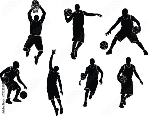 Basketball silhouettes, player action poses, slam dunk, dribbling skills, shooting stance, athletic movement
