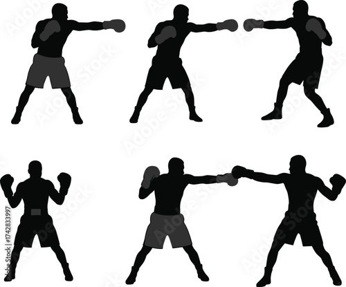 Boxing silhouettes, fighter stances, punching poses, martial arts training, combat sport, athlete action, defensive guard, fitness exercise, movement illustration, flat vector