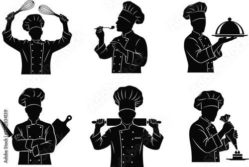 Chef silhouette vector, cooking illustration, culinary artwork, kitchen staff design, food preparation clipart, baking pastry graphic