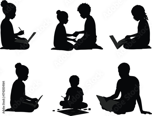 Children silhouettes, learning activities, kids with laptops, study poses, drawing figures, reading child, education concept, interactive play, school learning, flat vector