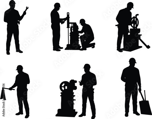 Industrial silhouettes, mechanical workers, engineering tasks, machine operation, factory labor, maintenance figures, construction tools, technical jobs, industry concept, flat vector