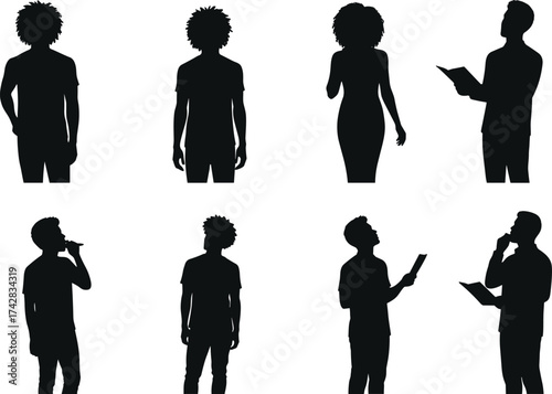 Man silhouette standing and reading, thoughtful pose vector illustration, drinking bottle, holding book, casual posture, body language study flat vector