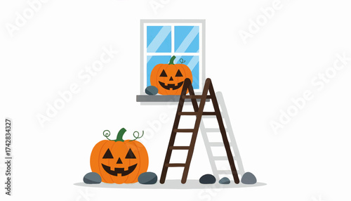 Preparing for Halloween with jack-o'-lanterns and a ladder. Autumn holiday home decoration concept. Vector illustration with copy space