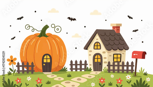 A cute cartoon illustration of a Halloween pumpkin house. Whimsical fantasy landscape with a cottage and flying bats. Autumn fairytale vector scene for kids