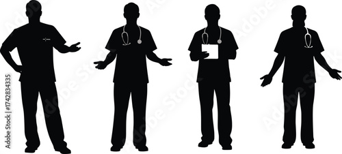 Medical doctor silhouette, nurse silhouette, healthcare professional vector, hospital staff illustration, stethoscope clipart, medical team design, doctor nurse artwork, healthcare workers graphic