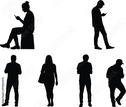 Mobile phone silhouettes, people texting, smartphone users, digital lifestyle, modern technology, social media, communication poses, gadget addiction, tech design, flat vector