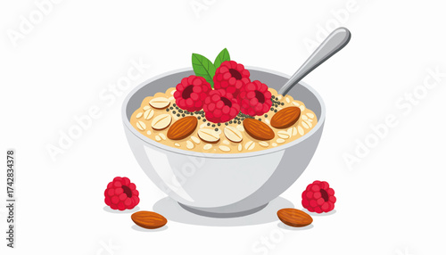 Healthy oatmeal breakfast bowl with raspberries and almonds. Porridge with fresh fruit, nuts, and chia seeds. Vector illustration isolated on a white background