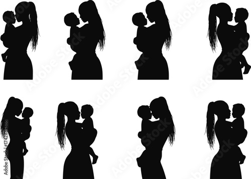 Mother and child silhouettes, family bonding, parent love, maternal care, motherhood poses, nurturing connection, parenting illustration, emotional affection, flat vector