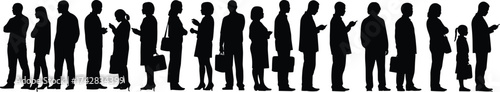 People silhouette vector, mobile phone users illustration, technology lifestyle artwork, waiting line design, modern communication clipart, digital society graphic