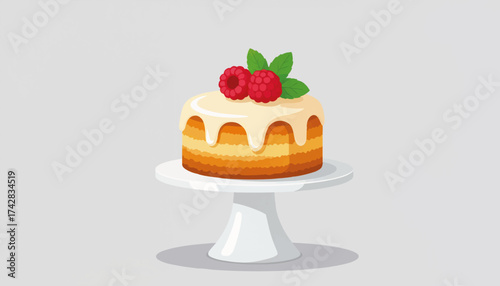 An illustration of a small cake with raspberry and mint garnish. Sweet dessert with white glaze on a pedestal stand. Minimalist food vector with copy space