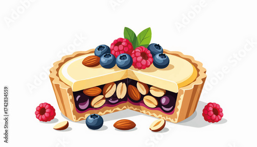 A fruit and almond tart with a slice cut out to show the filling. Pastry dessert with fresh raspberries and blueberries. Food illustration isolated on a white background