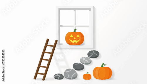 Halloween pumpkin Jack-o'-lantern on a windowsill. Minimalist autumn holiday decoration concept. Vector illustration with a ladder and copy space