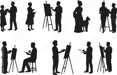 Artist silhouette painting and drawing, creative people vector illustration, art critique, model posing, sculptor inspiration, teacher student learning flat vector