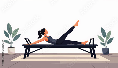 Woman practicing Pilates on a reformer machine in a studio. Fitness and strength training exercise. Health and wellness vector illustration with copy space
