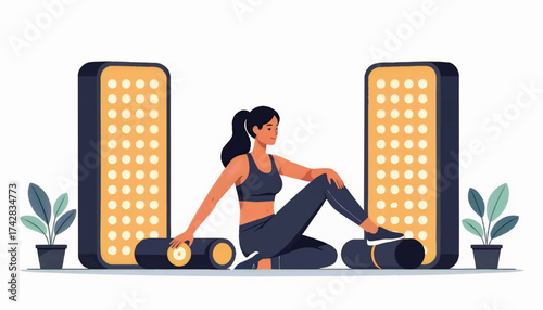 Woman resting with foam roller and light therapy panels after a workout. Modern fitness and muscle recovery illustration. Wellness and healthy lifestyle concept