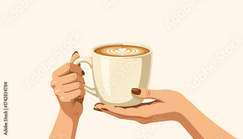 Woman's hands holding a mug of coffee with heart latte art. Vector illustration of a cappuccino for a cafe menu. Morning beverage concept with copy space.