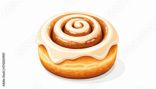 A sweet cinnamon roll with cream cheese frosting. Isolated vector illustration of a baked pastry. Bakery, breakfast, and dessert food concept