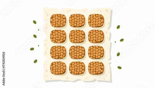 Flat lay illustration of square blocks made from roasted coffee beans. Top view of a food pattern with green unroasted beans. Natural coffee ingredient concept on a white background