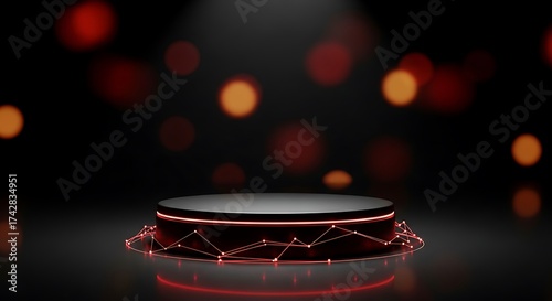 Tech-Themed Podium with Red Neon and Warm Bokeh