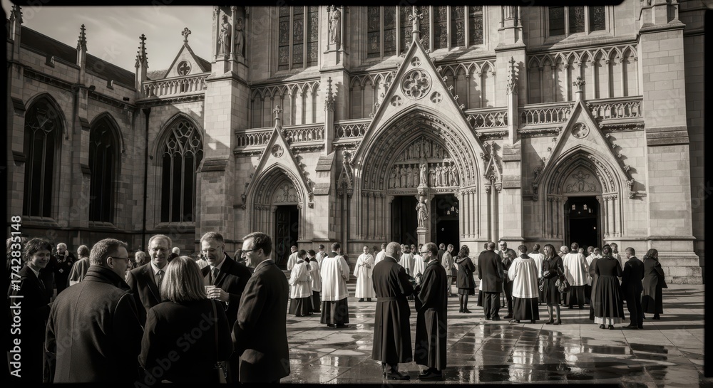 Naklejka premium Caucasian adults gather outside historic cathedral in formal attire for ceremony