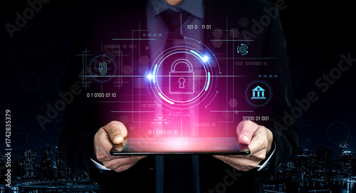 Konstfotografi Cybersecurity system interface with biometric lock and data protection