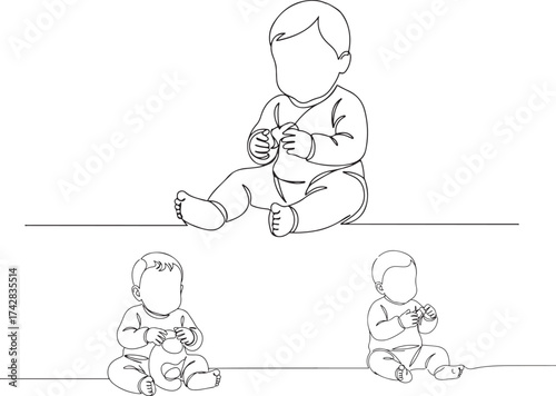  Continuous one-line drawing of a baby sitting and playing. Minimalist vector art for parenting, childcare, and early development themes.eps