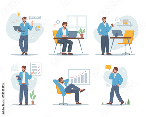 Set of Business characters working. Successful man in office outfits. Businessmen at work with modern technologies. Vector illustration isolated on white background.