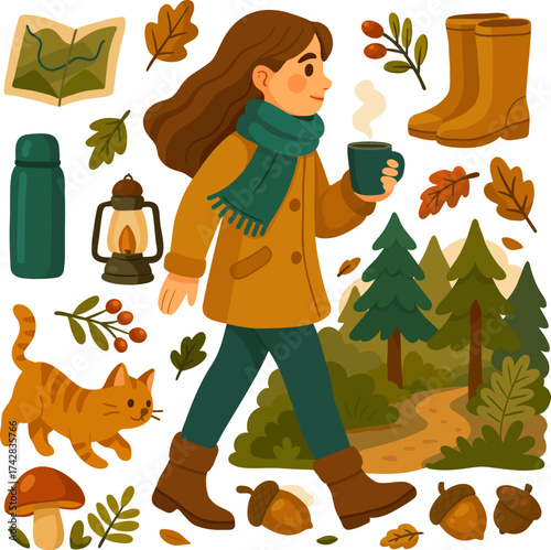 Woman walking through autumn forest with coffee cup and scarf, cozy fall vibes, perfect for seasonal poster, social media
