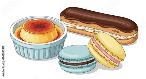 Illustration of assorted desserts including flan, chocolate éclair and colorful macarons
