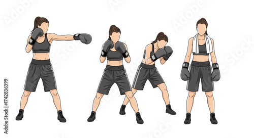 Illustration of female boxer in different training poses with gloves and sportswear
