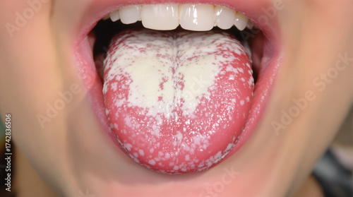 A close-up macro photograph of a human tongue showing symptoms of oral thrush, a candidiasis fungal infection with a thick white coating