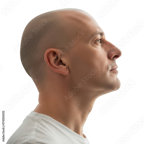 Profile of a bald man looking to the right isolated on transparent background
