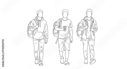 Minimal line art of three young men walking with backpacks in casual clothes
