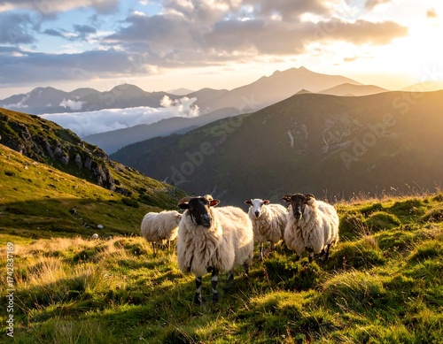 Sheep graze on a grassy hillside with a mountain range and sunset