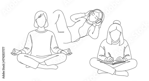 Minimal line art of people meditating, listening to music and journaling for relaxation
