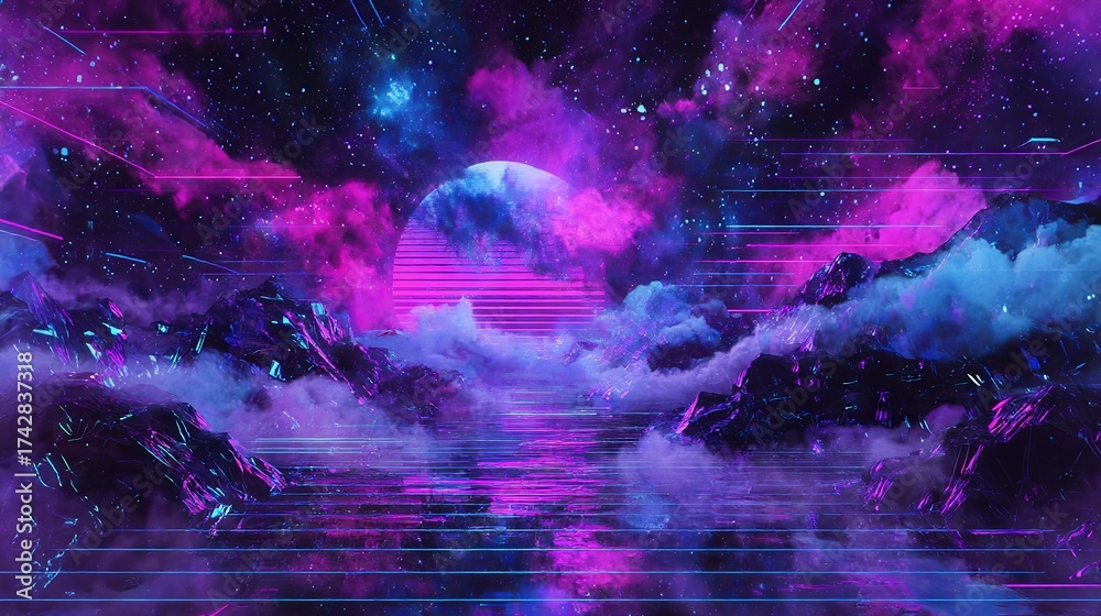 Fototapeta premium Futuristic cyberpunk themes with 3D designs. A retro-futuristic blend of abstract art, cosmos, synthwave, vaporwave, and retrowave elements create a dark and immersive digital backdrop. 