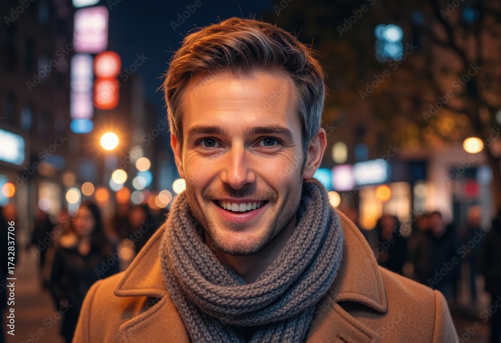 Fototapeta premium Socially confident man smiling in a warm scarf on a city night