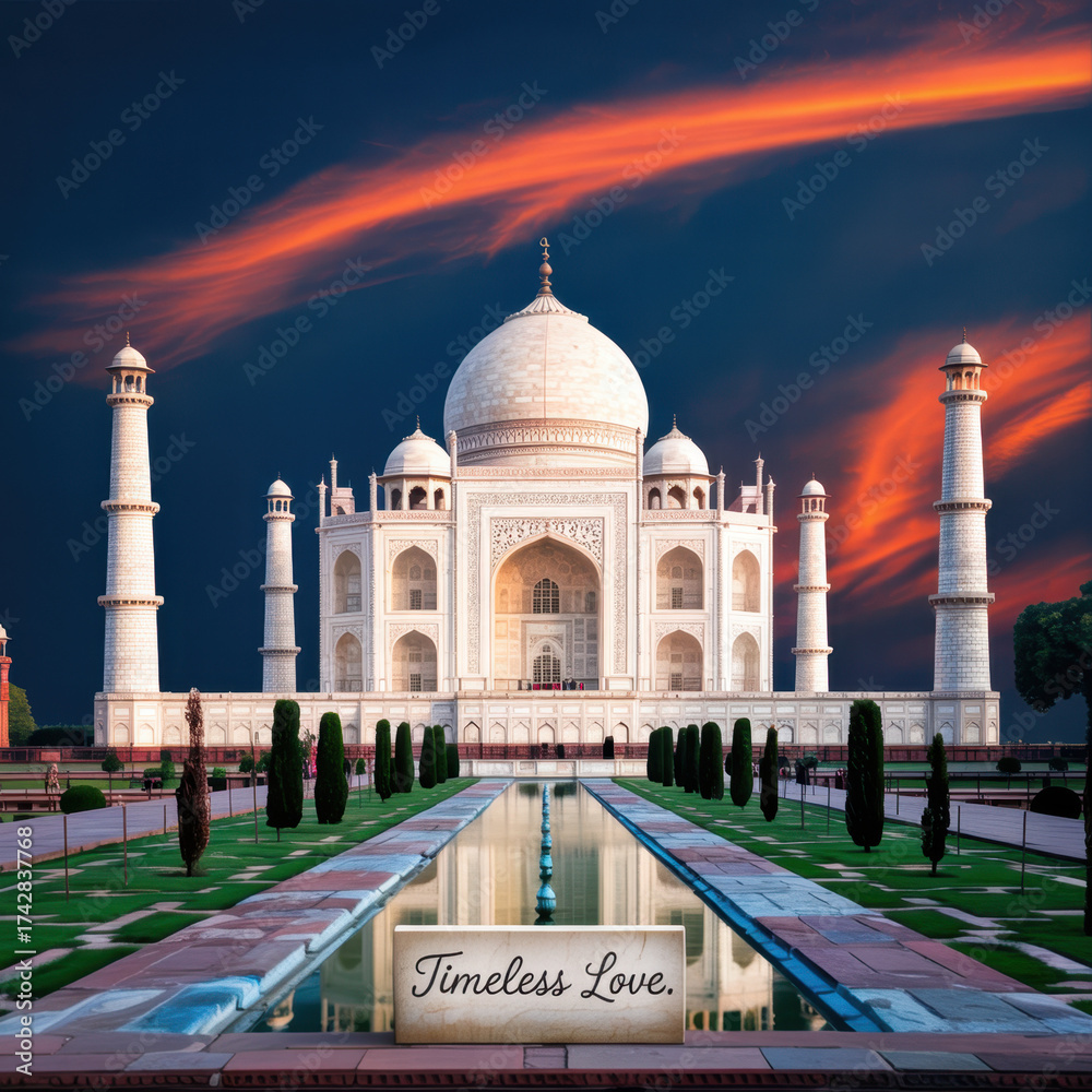 Fototapeta premium The majestic Taj Mahal mausoleum in India reflected in water under a dramatic sunset sky with fiery clouds
