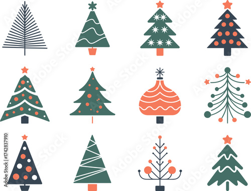 Vector art of collection of twelve christmas trees in different shapes
