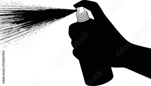 Vector art of hand holding and using a black spray can, spraying paint