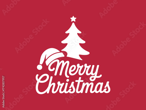 Vector art of merry christmas greeting with christmas tree and santa hat
