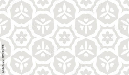 Minimalistic floral seamless vector pattern. Abstract repetitive background with flowers and leaves ornaments. Simple and elegant design style. Gray color on white or transperent background.