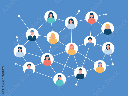 Vector art of social network connection concept with people avatar isolated on blue background for communication