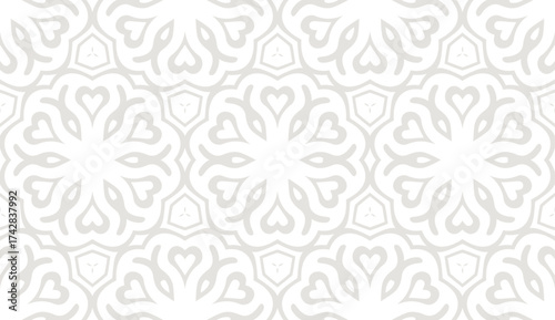 Minimalistic floral seamless vector pattern. Abstract repetitive background with flowers and leaves ornaments. Simple and elegant design style. Gray color on white or transperent background.