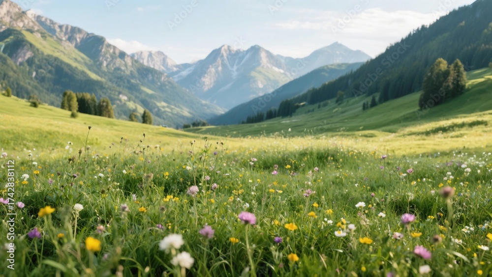 Fototapeta premium Wildflower meadow with mountain view