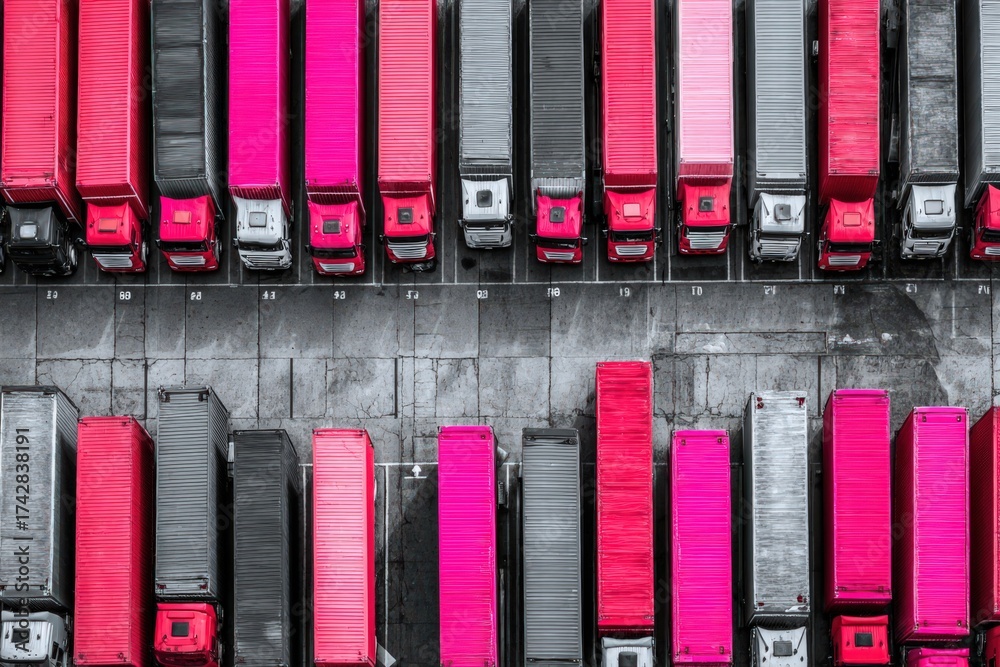 Fototapeta premium Aerial view of a vibrant fleet of pink and black freight trucks parked in organized rows showcasing an eclectic blend of color and structure against a stark urban backdrop
