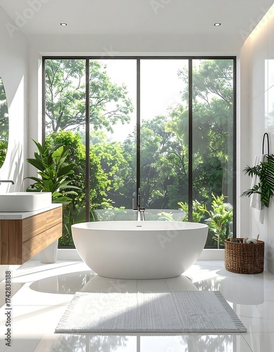 Interior of a luxurious bathroom with a large window and natural light