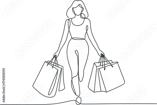 Vector art of continuous line drawing of woman shopping with bags for design use